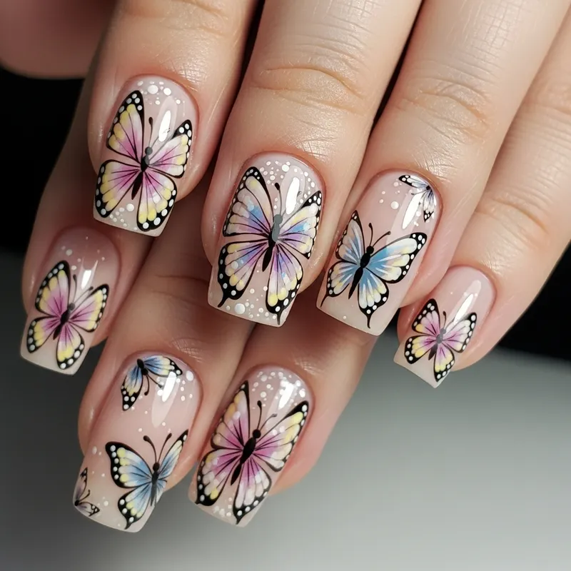 Intricate Butterfly Nail Art Designs in Soft Pastel Hues