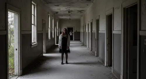 Eerie Black and White Photography of Spectral Figure in Abandoned School