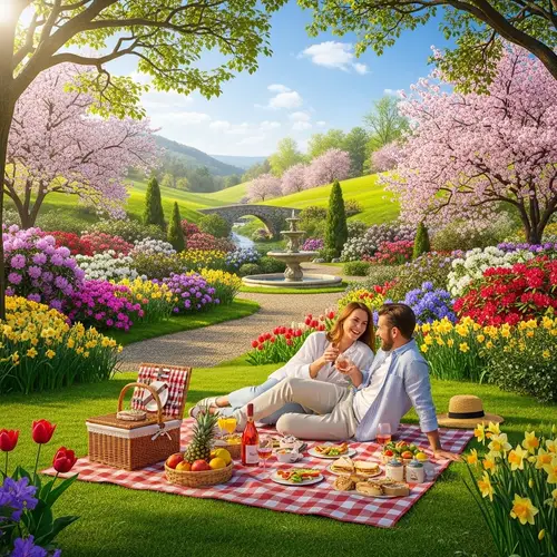 Spring Picnic in a Garden with Beautiful Landscape