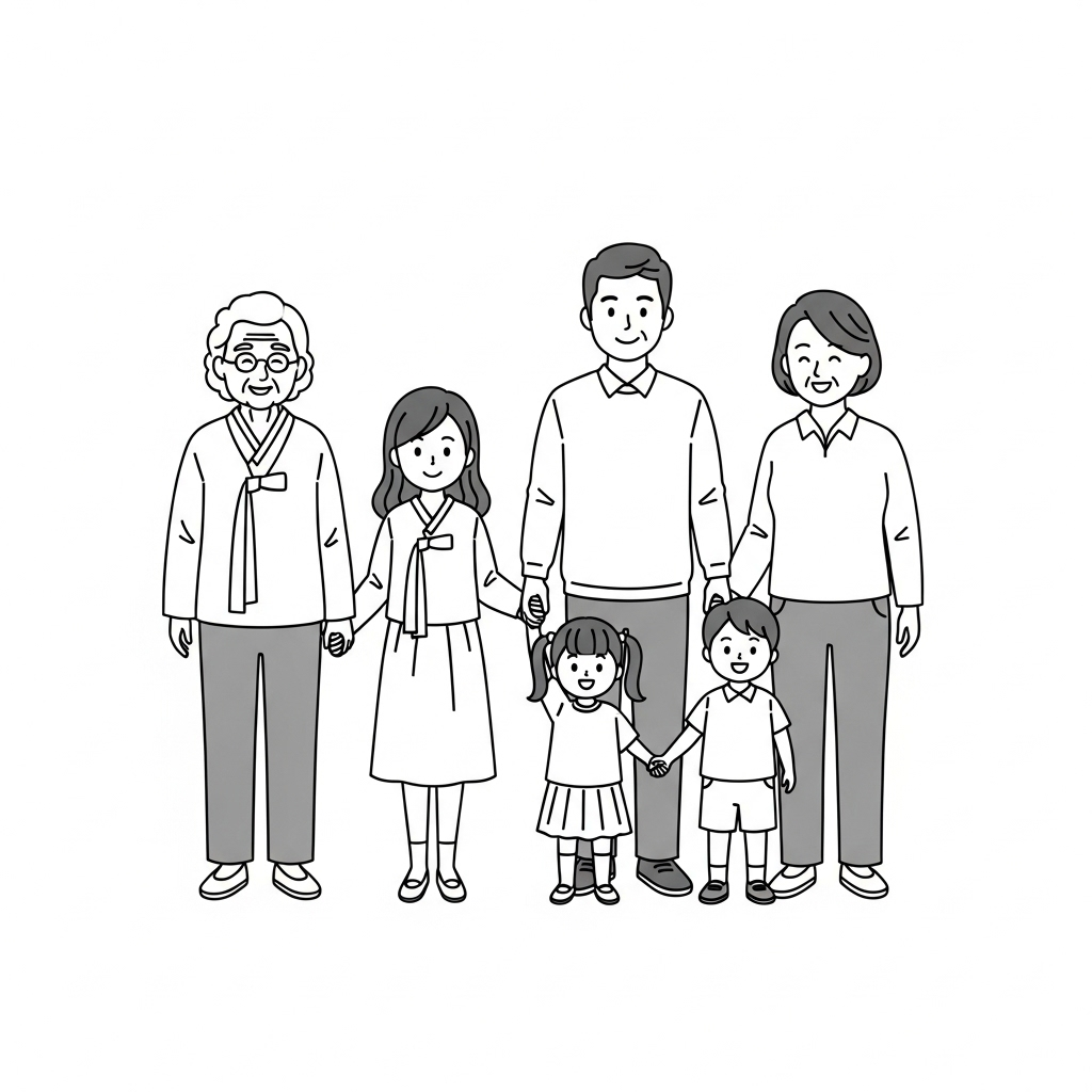 Korean Family Illustration: Togetherness in Black \u0026 White | AI Art  Generator | Easy-Peasy.AI, image size:1024x1024