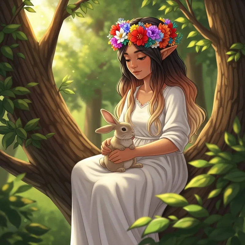 Enchanting Light Brown Elven Girl with Flower Crown and Bunny in Tree