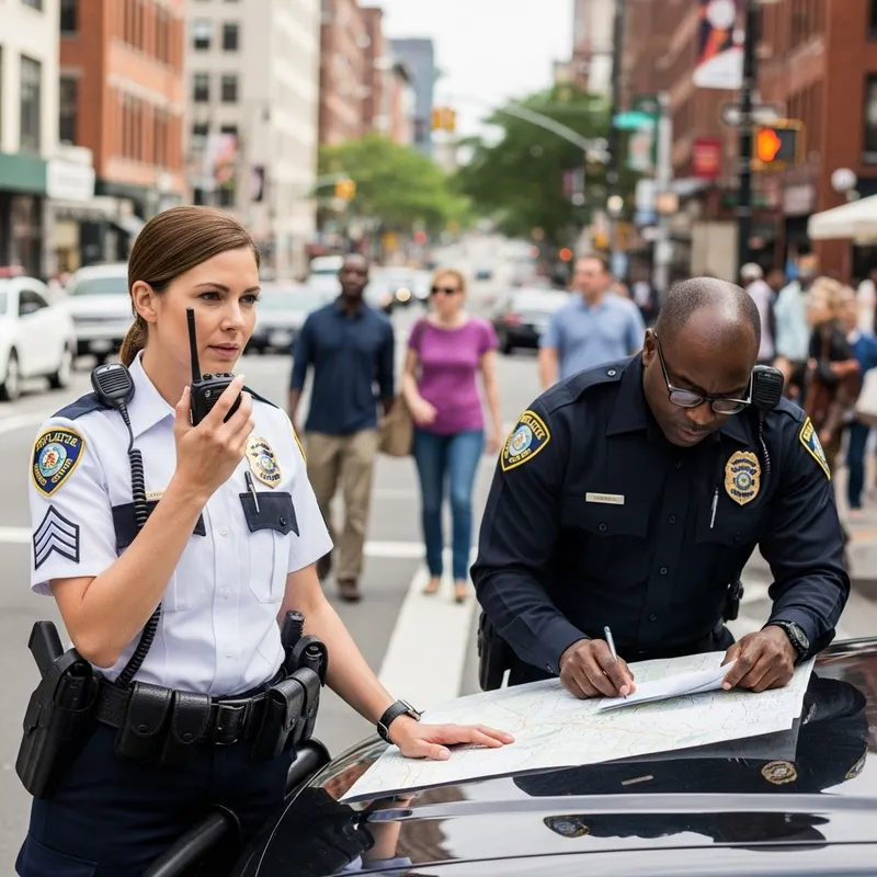 Diverse Police Officers on Duty: City Street Scene