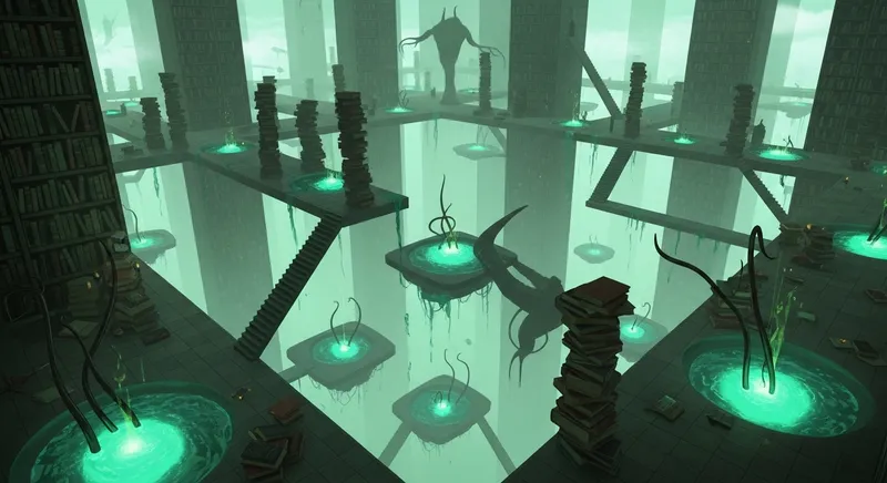 Surreal Tome-Filled Corridors: Greenish Glow & Dark Tentacles Surreal Tome-Filled Corridors: Greenish Glow & Dark Tentacles
