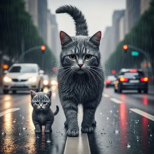Realism Art: Melancholy Scene of Wet Cat and Kitten in High-Resolution