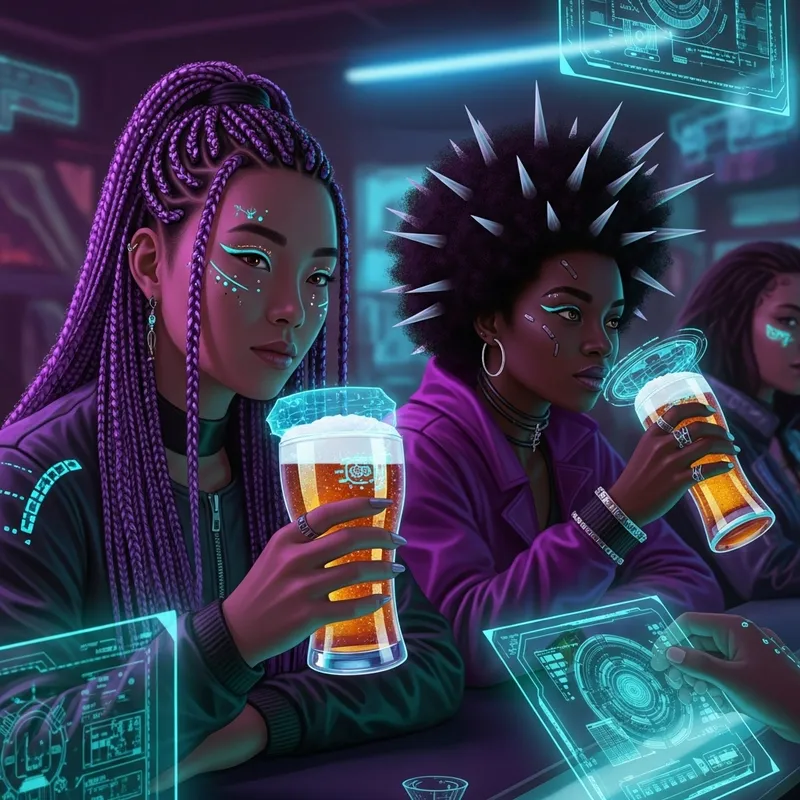 Modern Cyberpunk Witches Drinking Beer | Neon Bar Scene