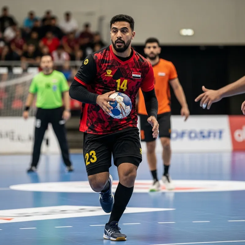 Dynamic Middle-Eastern Handball Player in Action Dynamic Middle-Eastern Handball Player in Action