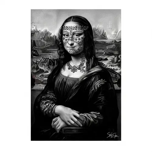 Enigmatic Woman: Traditional Mexican Inspired Mona Lisa in Black and White