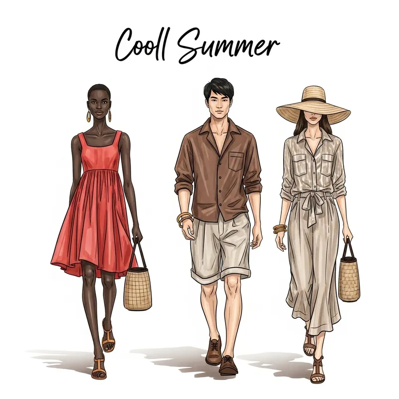 Relaxed Cool Summer Fashion Design Sketch in Red, Brown & Beige