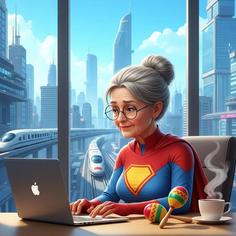 Gray-Haired Woman in Superhero Costume Working at Laptop | Futuristic Technology Scene