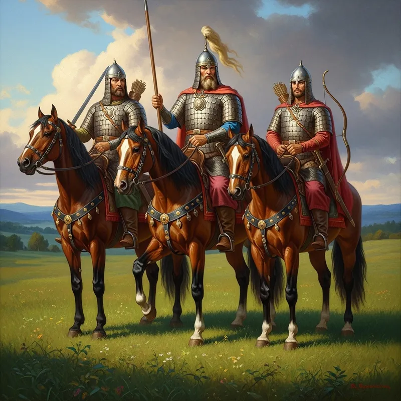 Russian Warriors on Horses in Fields | Ancient Battle Scene Painting