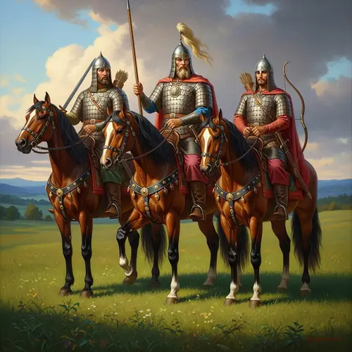 Medieval Russian Warriors on Noble Steeds | Classic Oil Painting