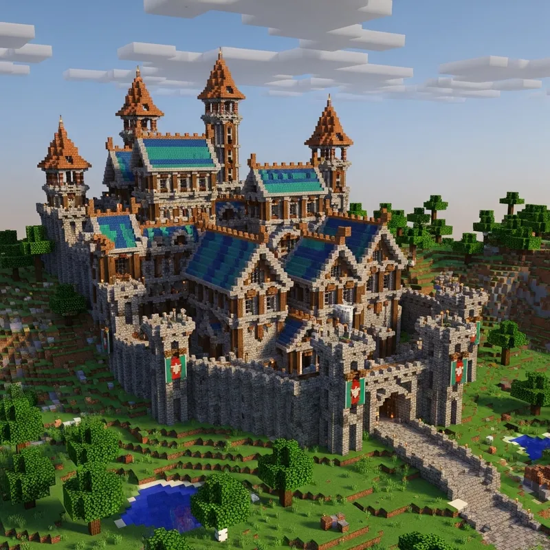 Exceptionally Large Castle with Modern Medieval Walls in Minecraft 1.20