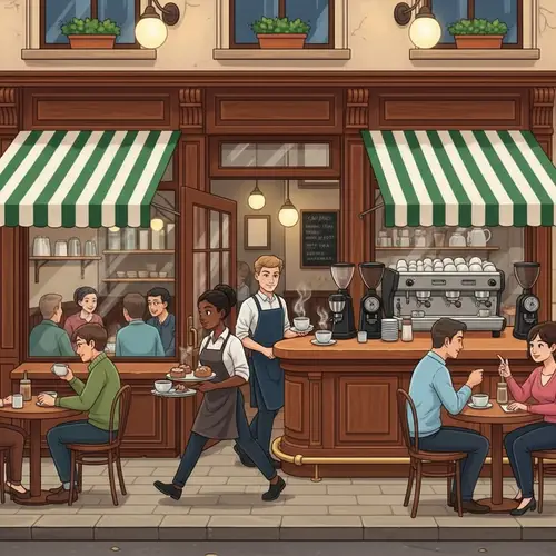 Vintage Coffee Shop on City Street | Charming Rustic Cafe