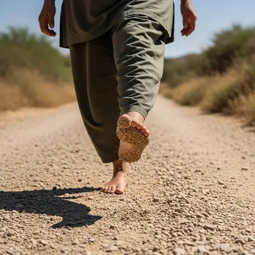Middle-Eastern Woman Walking Barefoot on Gravel