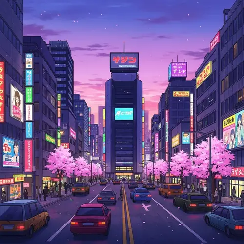 Anime 4k Cityscape with Vibrant Neon Lights and Sakura Trees