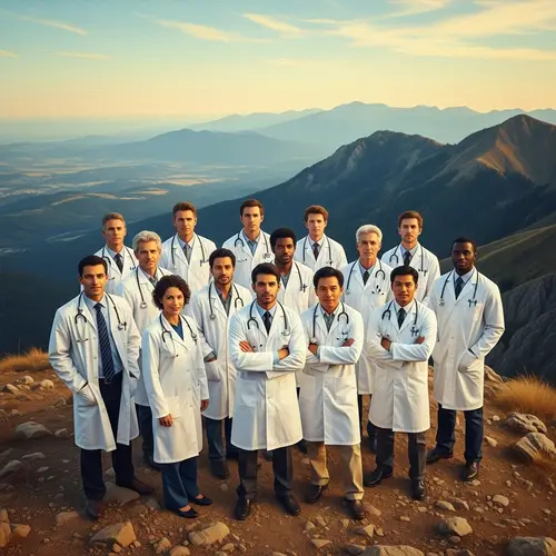 Diverse Group of Doctors on Mountain Peak - Nature-Inspired Image