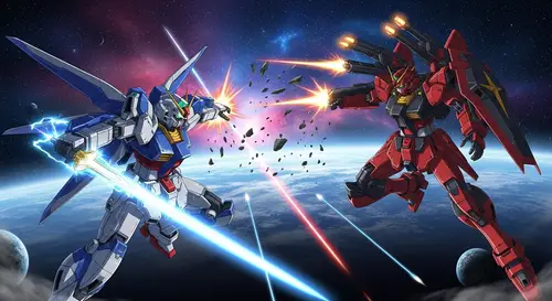 Epic Space Battle: Sinanju vs. Gundams | Vibrant Anime Aesthetics