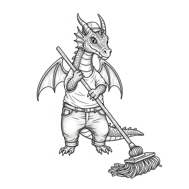 Cute Dragon in Clothes Mopping Illustration