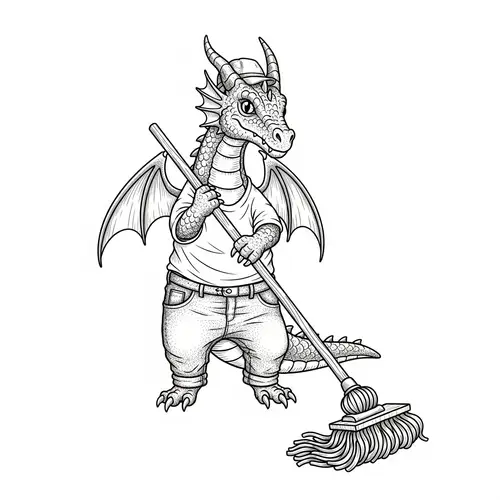 Adorable Dragon Illustration Wearing Clothes and Mopping