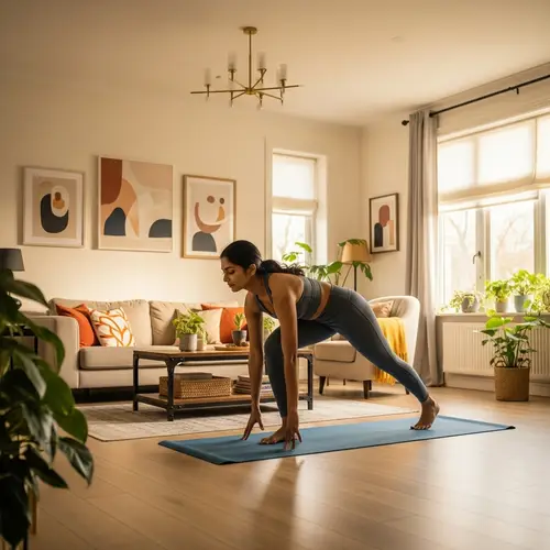 South Asian Woman Exercising in Home Living Room