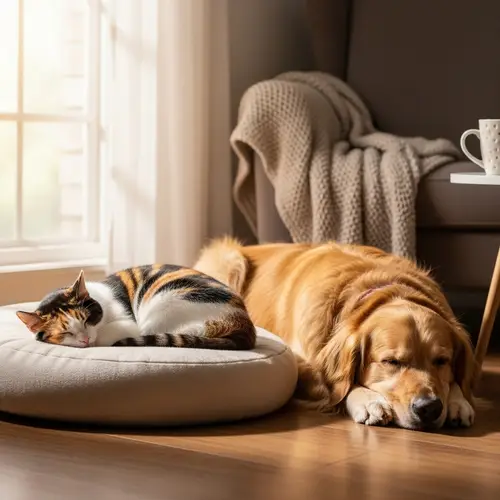 Calico Cat and Golden Retriever Sleeping Peacefully Together