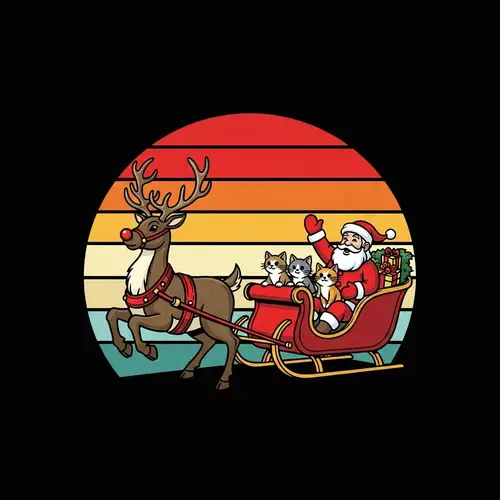 Vintage Sunset Scenery with Red-Nosed Deer and Cats