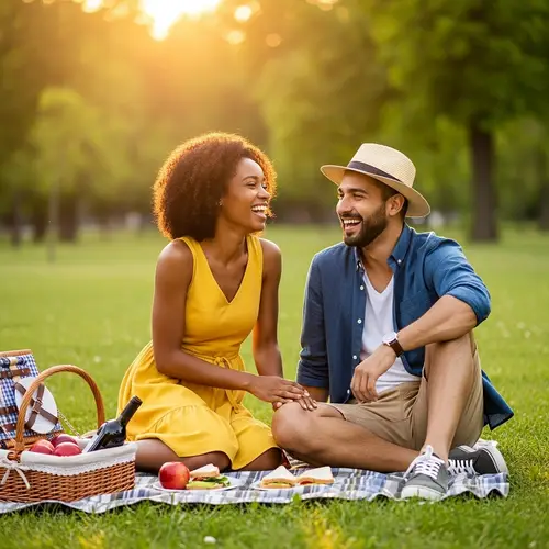 Happy Couple Enjoying Sunset Picnic in Park