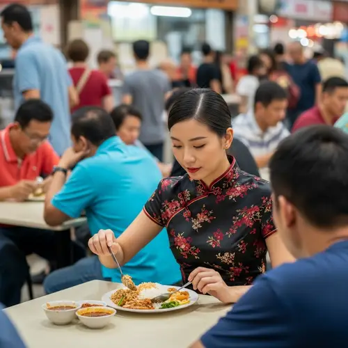 Traditional Chinese Woman Dining in Bustling Malaysian Coffee Shop