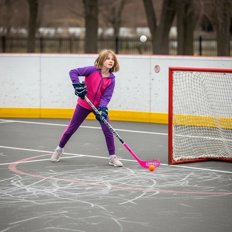 Medium Blond Hair Girl Playing Dek Hockey in Pink and Purple