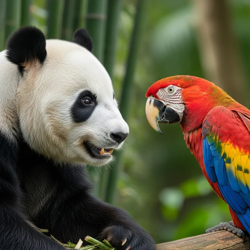 Panda and Parrot: Captivating Animal Face-off