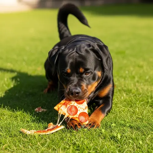 Cheerful Rottweiler Enjoying Pizza in Sunny Backyard