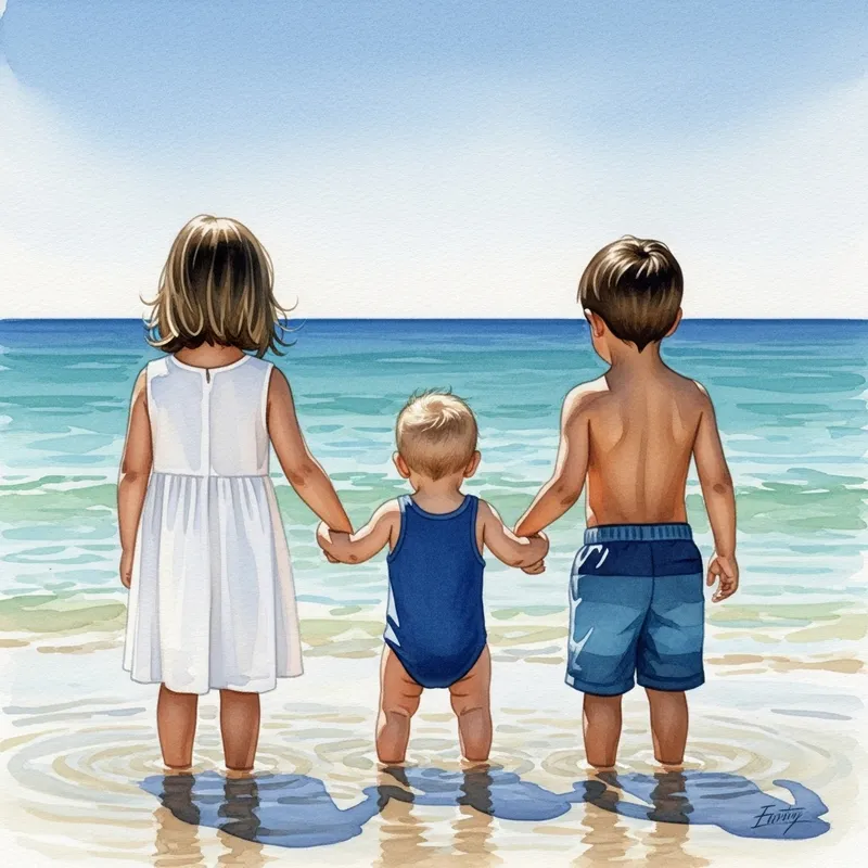 Watercolor Painting of Three Children on Beach - Beautiful Beach Scene Artwork