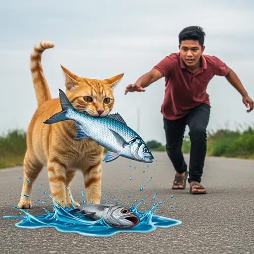 Exciting Outdoor Scene: Ginger Cat Biting Fish, Chased by Man