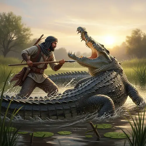 Middle Eastern Man Battles Colossal Crocodile in Marsh