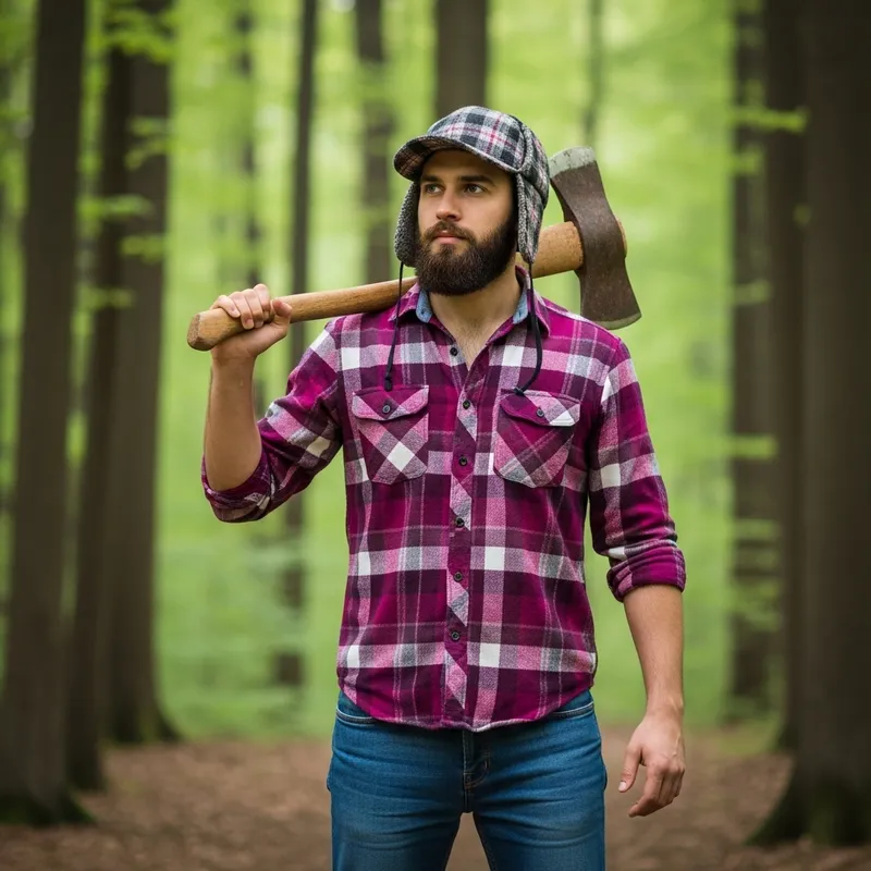 Middle-Eastern Lumberjack in Magenta & White Plaid Flannel Shirt - In Forest