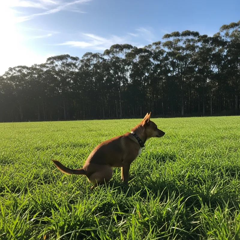 Small Dog Pooping on Green Grass Field