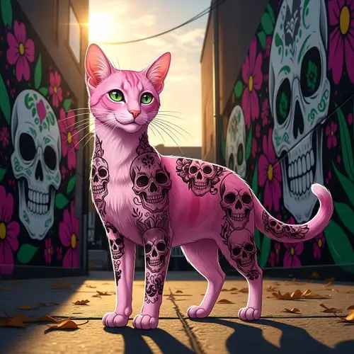 Beautiful Pink Cat with Skull Tattoos