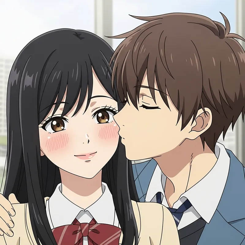 Romantic Couple Portrait: Boy Kissing Girl, Blushing & Smiling