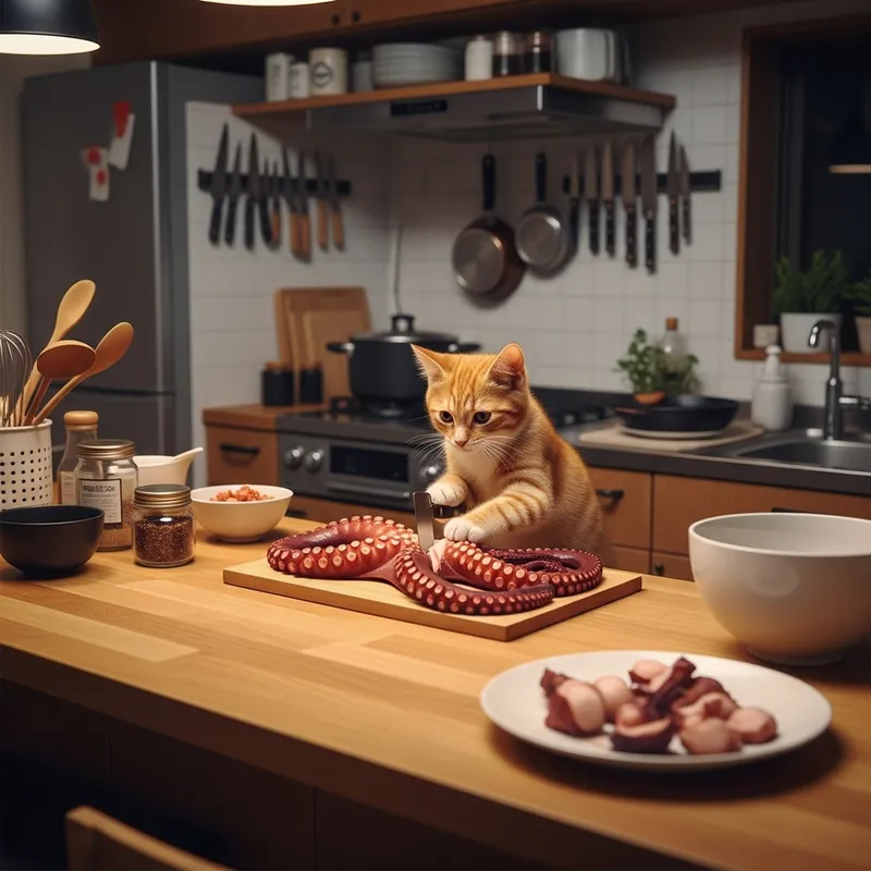 Humorous Cat Cooking Octopus in Japanese Kitchen