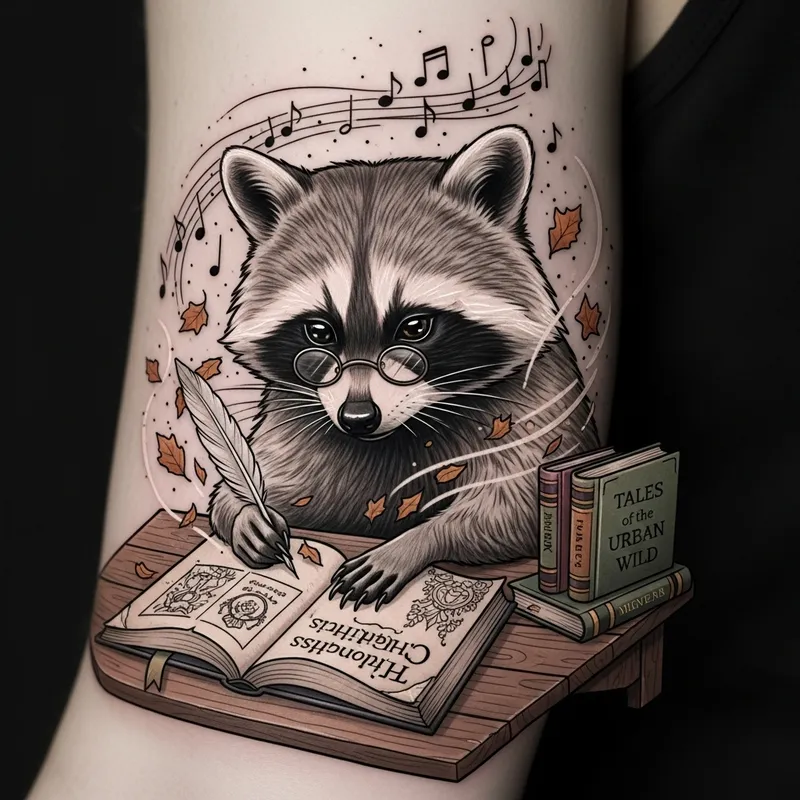Creative Raccoon Writing a Book Tattoo Design