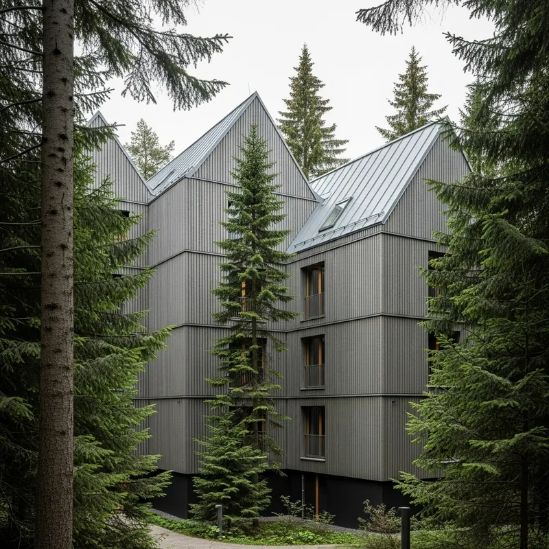Modern Vertical Gray Wood Clad Hotel with Zinc Roof in Forest Setting Modern Vertical Gray Wood Clad Hotel with Zinc Roof in Forest Setting