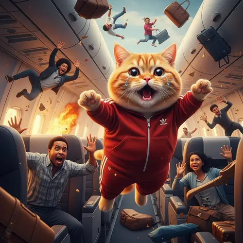 Ginger British Cat in Red Tracksuit Plunging in Airplane Chaos