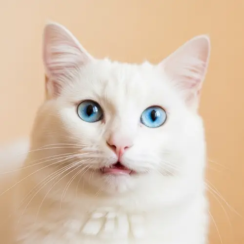 White Cat with Blue Eyes Smiling on Light Orange Background