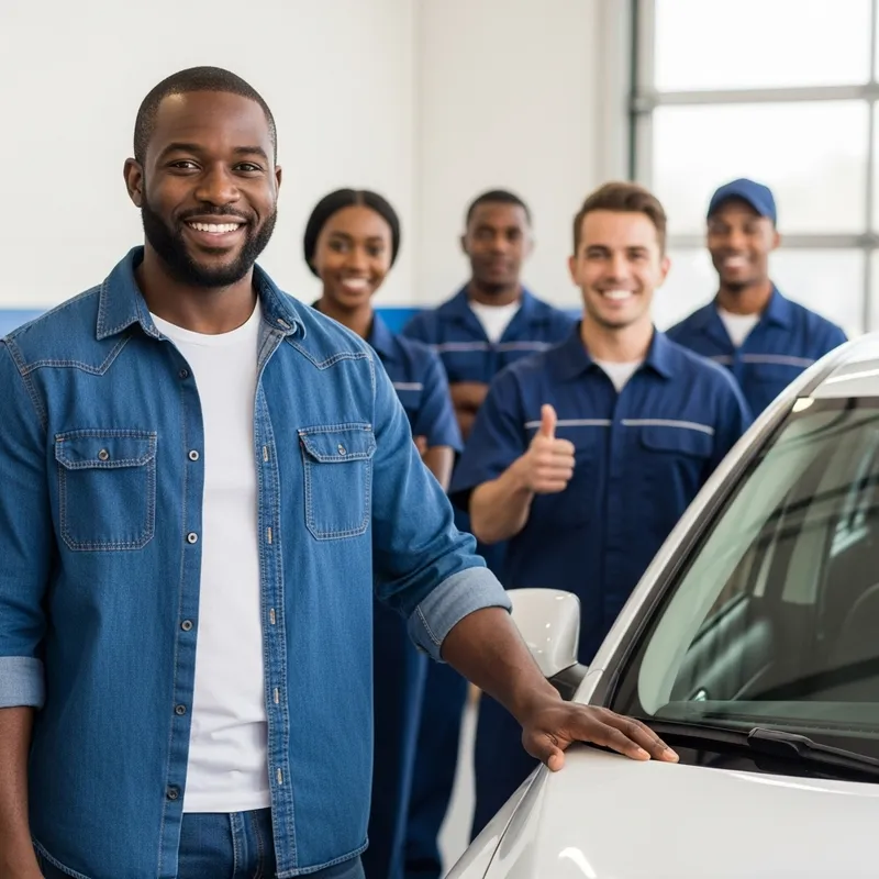 Happy Car Owner with Service Center Team | Quality Oil Change Service Happy Car Owner with Service Center Team | Quality Oil Change Service