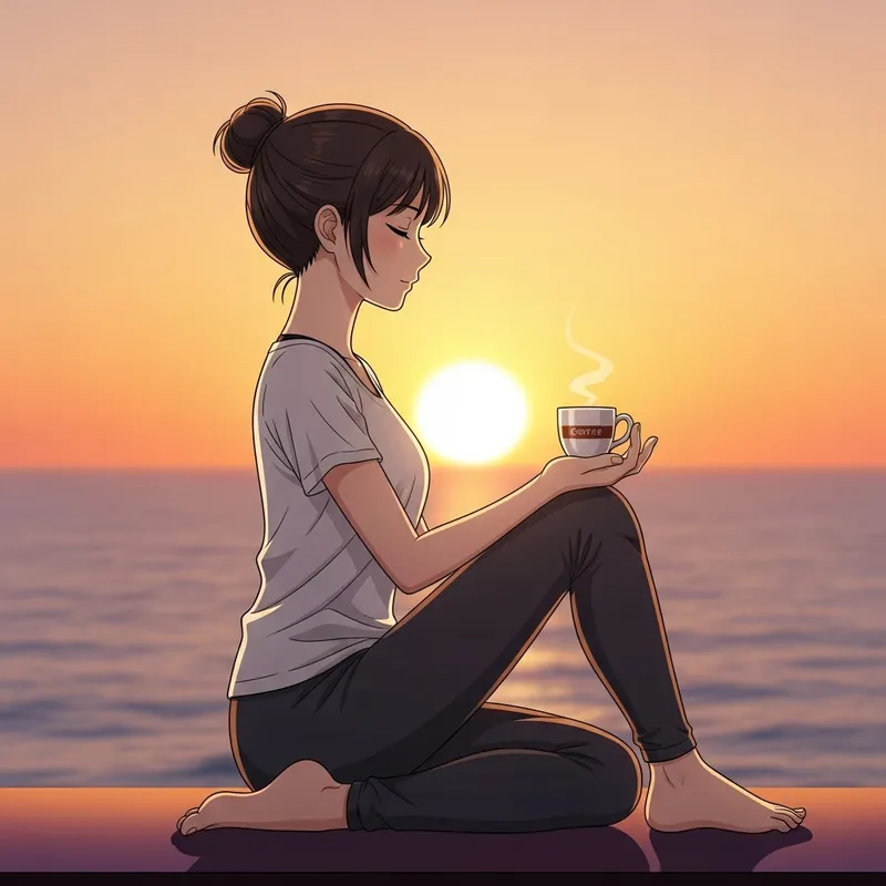 Anime-Style Illustration of Tranquil Yoga Meditation Pose with Coffee