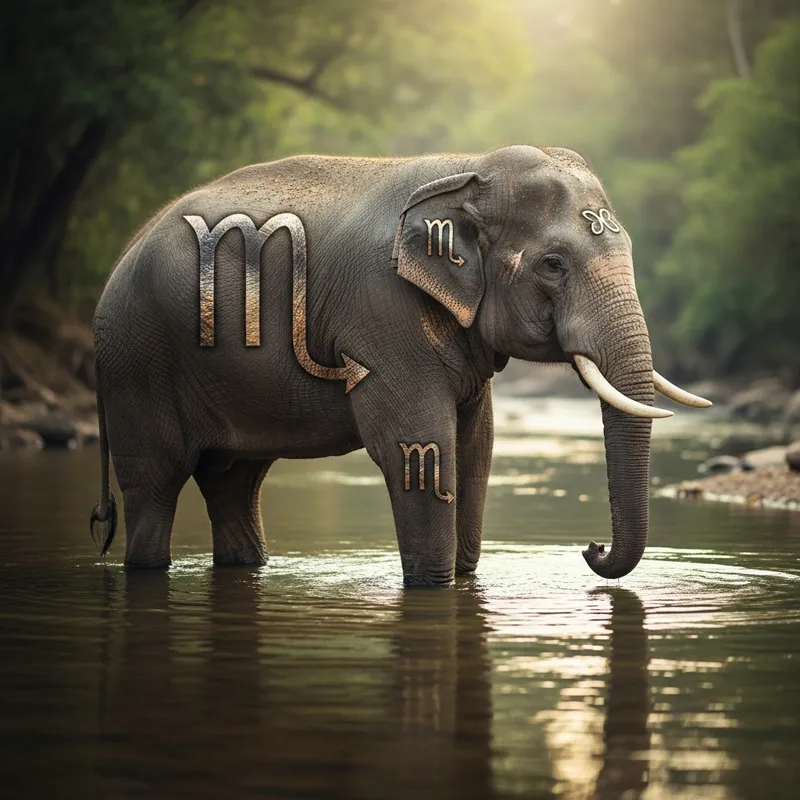 Calm Elephant with Scorpio Symbol and Tranquil Water Reflection