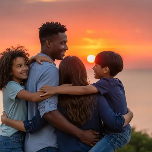 Family Enjoying Romantic Sunset Together