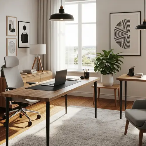 Minimalist Office Space with Natural Wood Desk and Ergonomic Chair