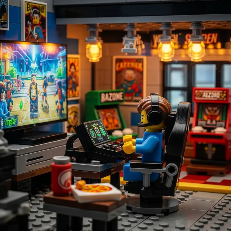 Dynamic Lego Gamer Scene in Arcade-Themed Room
