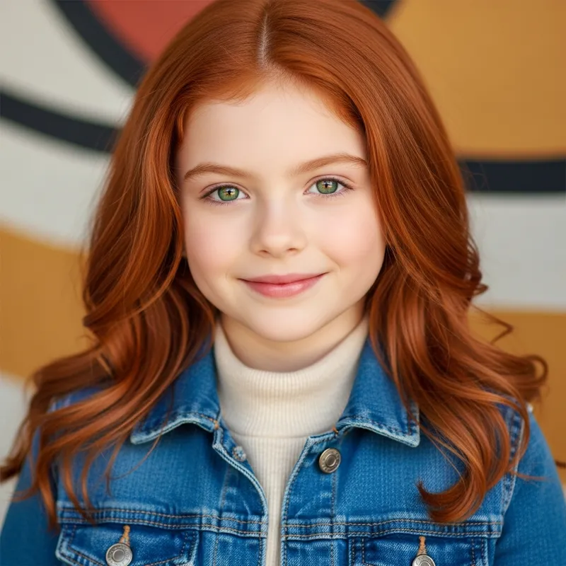 Fiery Red-Haired Girl | Emerald Green Eyes | Denim Jacket Portrait